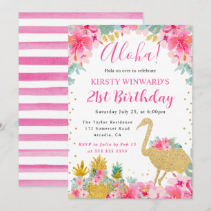 Rosa und Goldene Ananas & Flamingo 21. Geburtstag Einladung