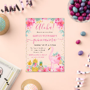 Rosa und goldene Ananas & Flamingo Quinceanera Acryleinladungen