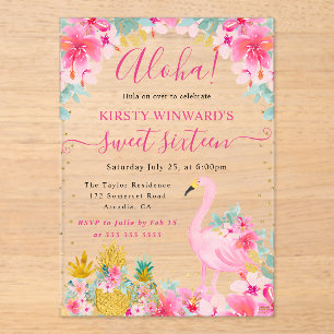 Rosa und goldene Ananas & Flamingo Sweet 16 Acryleinladungen