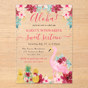 Rosa und goldene Ananas & Flamingo Sweet 16 Acryleinladungen