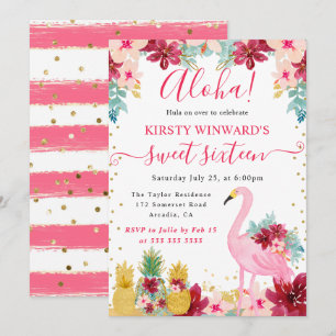 Rosa und goldene Ananas & Flamingo Sweet 16 Einladung