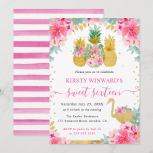 Rosa und goldene Ananas und Flamingo Sweet 16 Einladung