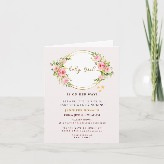 Rosa und goldene Blume Kindermädchendusche Einladung (Vorderseite)