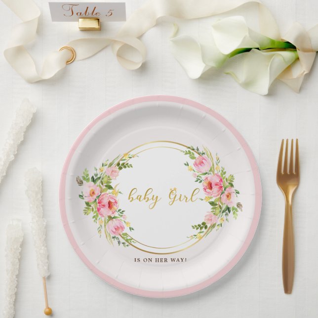 Rosa und goldene Blume Kindermädchendusche Pappteller (Hochzeit)