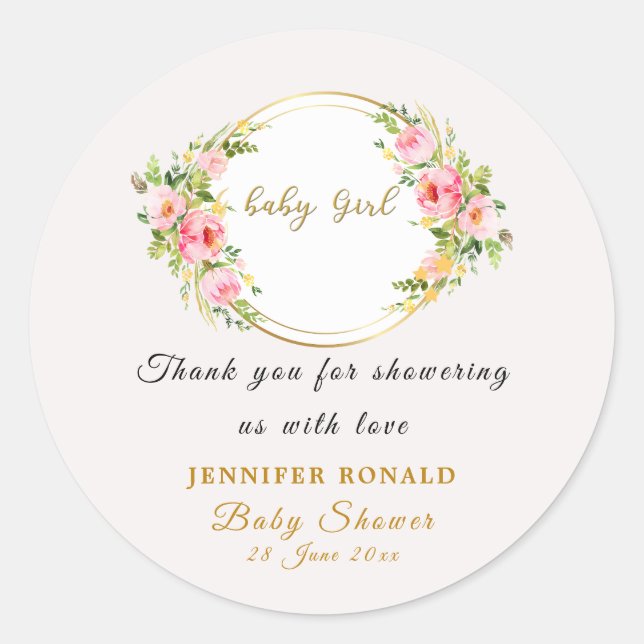 Rosa und goldene Blume Kindermädchendusche Runder Aufkleber (Vorderseite)