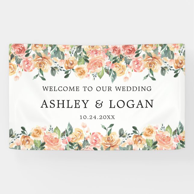 Rosa und goldene Blumen Elegante Hochzeit Willkomm Banner (Horizontal)