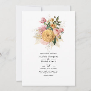 Rosa und goldene Blumenhochzeits-Einladung Einladung
