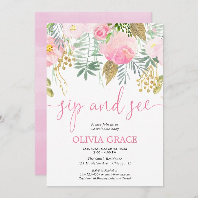 Rosa und goldene Blumenschlange und sehen, wie Mäd Einladung (Vorne/Hinten)