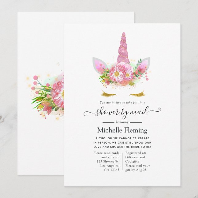 Rosa und goldene Blütendusche Einladung (Vorne/Hinten)