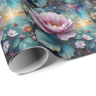 Rosa und goldene Cosmos Blaugrüne Blätter Geschenkpapier
