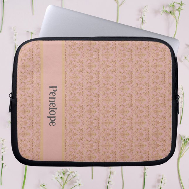Rosa und goldene Damaskus Personalisiert Laptopschutzhülle (Elegant pink and gold personalized laptop sleeve)