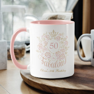 Rosa und goldene elegante Blumen zum 50. und fanta Tasse