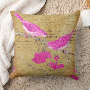 Rosa und goldene Ephemera Vintage Vögel und Buchst Kissen