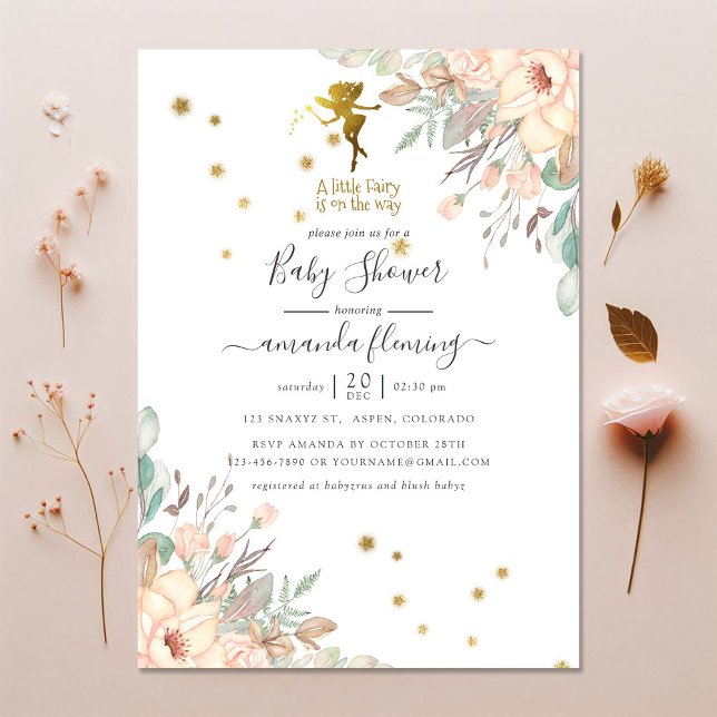 Rosa und goldene Fee - Girl Baby Dusche Einladung (Pink and Gold Fairy themed Girl Baby Shower Invitation)