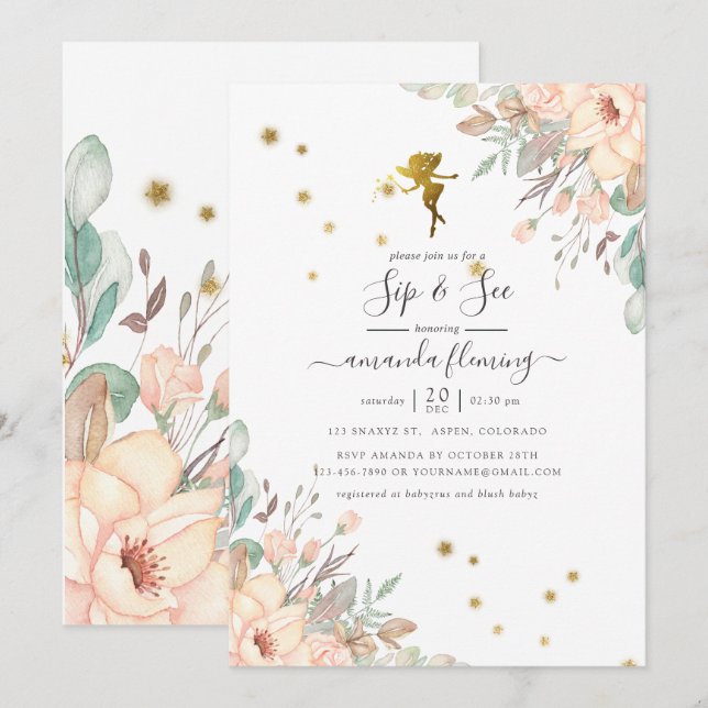 Rosa und goldene Fee zum Thema Girl Sip and See Einladung (Vorne/Hinten)