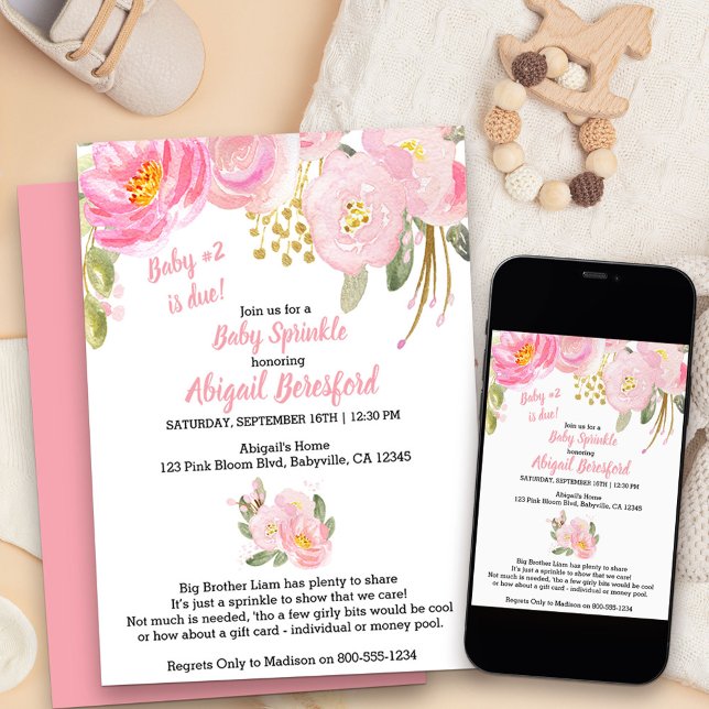 Rosa und goldene Flora Wasserfarben Baby Sprinkle Einladung (Pink floral baby sprinkle invitation for baby number two)