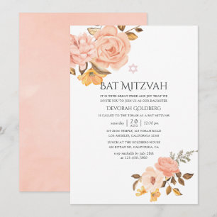 Rosa und goldene Floral Bat Mitzvah Einladung