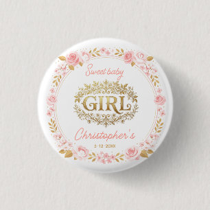 Rosa und Goldene Florale Babyparty für Mädchen Button