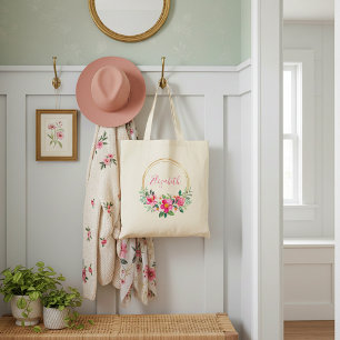 Rosa und goldene florale personalisiert tragetasche