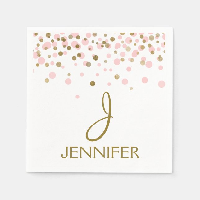 Rosa und goldene Foil Girly Confetti Monogram Serviette (Vorderseite)