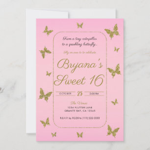 Rosa und goldene Glitter-Schmetterling Sweet 16 Pa Einladung