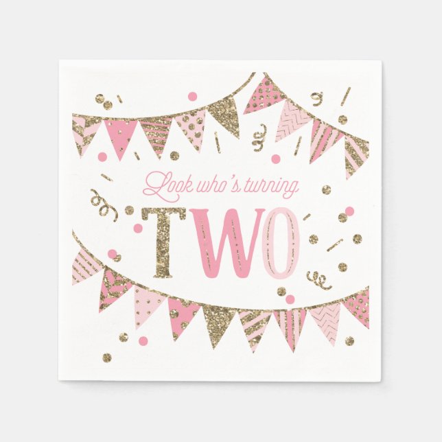 Rosa und goldene Glitzer Banner 2. Geburtstag Serviette (Vorderseite)
