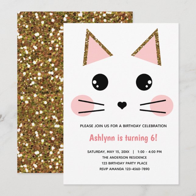 Rosa und goldene Glitzer Katze Geburtstag Einladung (Vorne/Hinten)