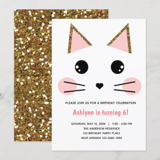 Rosa und goldene Glitzer Katze Geburtstag Einladung