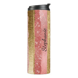 Rosa und goldene Glitzer Streifen Thermal Tumbler Thermosbecher