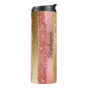 Rosa und goldene Glitzer Streifen Thermal Tumbler Thermosbecher