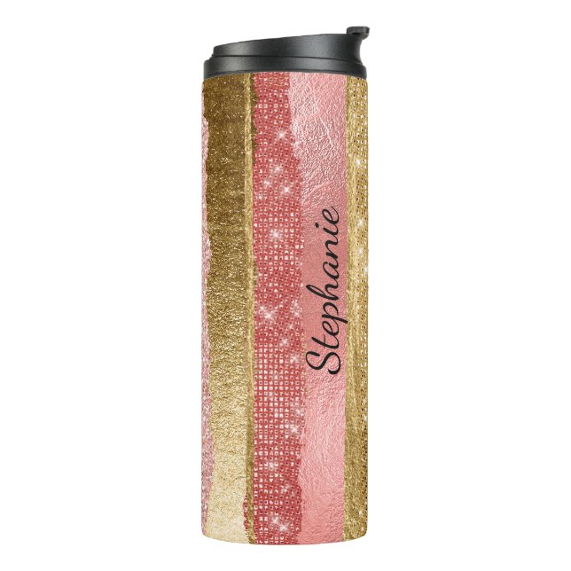 Rosa und goldene Glitzer Streifen Thermal Tumbler Thermosbecher (Nach links gedreht)