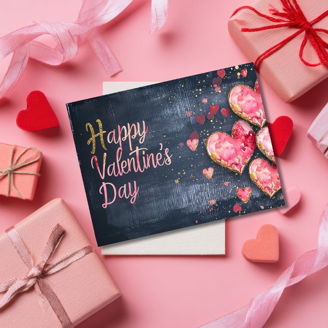 Rosa und goldene Herzen im dunkelgelben Valentinst Postkarte (Von Creator hochgeladen)