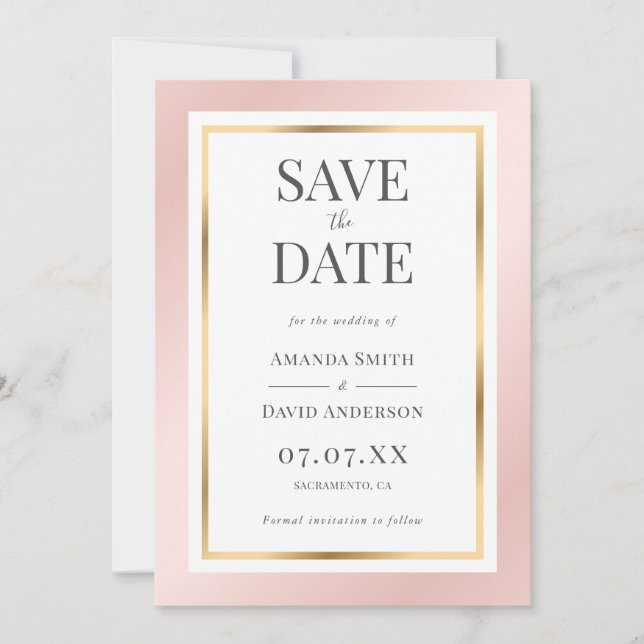 Rosa und goldene Hochzeit in elegantem Rosa Save The Date (Vorderseite)