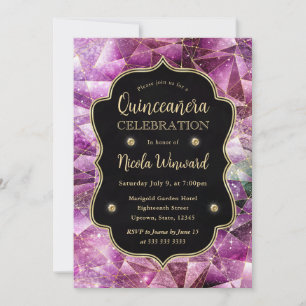 Rosa und goldene Kristall-Galaxie Quinceanera-Foto Einladung