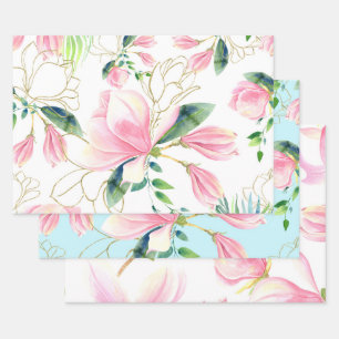 Rosa und goldene Magnolia Wasserfarbe Geschenkpapier Set