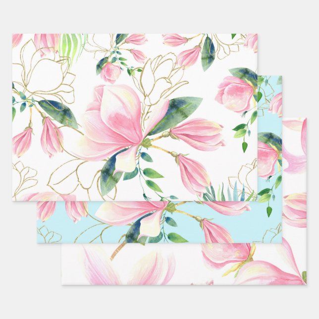 Rosa und goldene Magnolia Wasserfarbe Geschenkpapier Set (Set)
