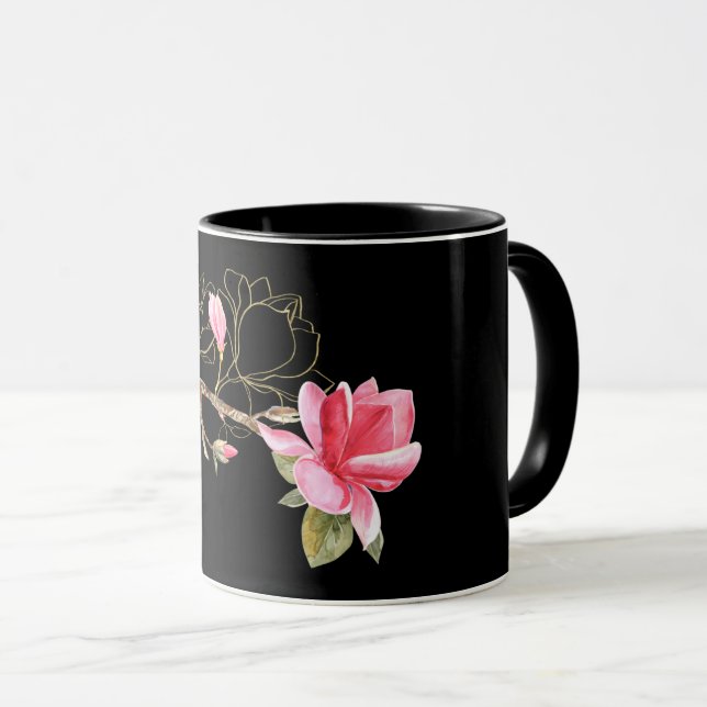 Rosa und goldene Magnolien auf schwarz Tasse (VorderseiteRechts)