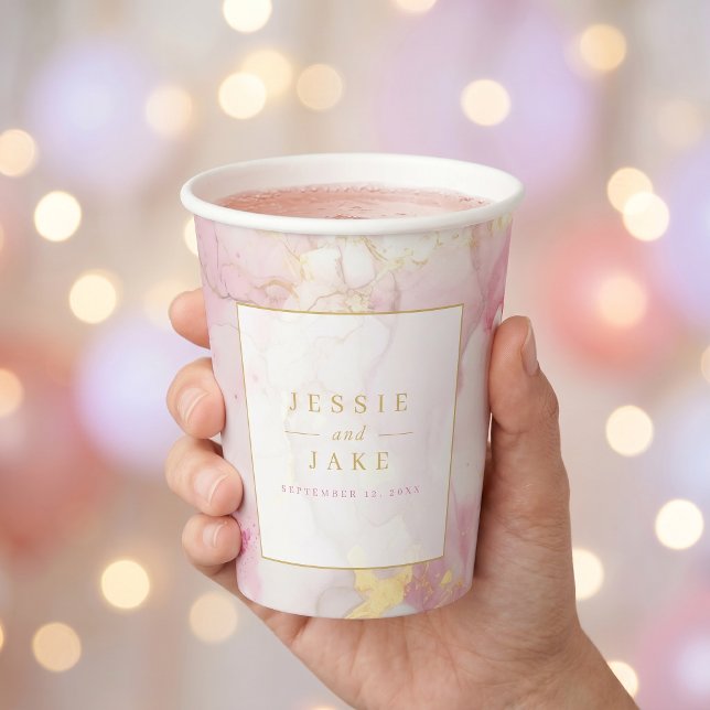 Rosa und goldene Marmor-Hochzeit Pappbecher (Pink and gold marble Wedding Paper Cups)
