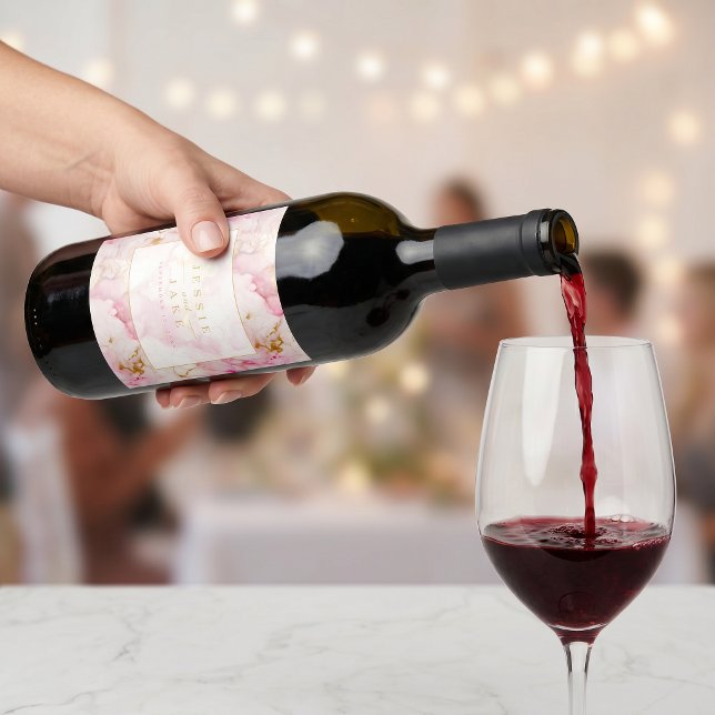 Rosa und goldene Marmor-Hochzeit Weinetikett (Pink and gold marble Wedding Wine Label)