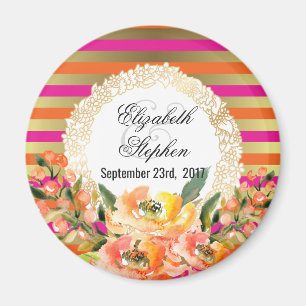 Rosa und goldene Metallic Streifen mit Floralhochz Magnet