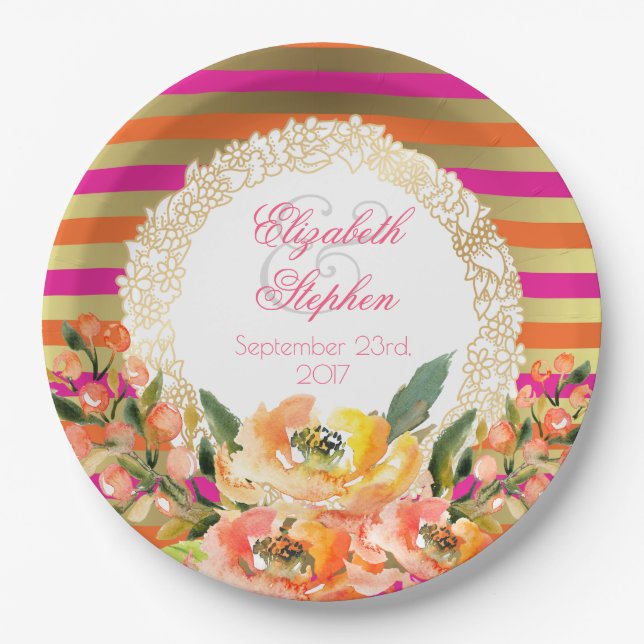 Rosa und goldene Metallic Streifen mit Floralhochz Pappteller (Vorderseite)