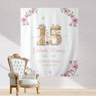 Rosa und goldene Mis Quince Quinceañera Kulisse Wandteppich