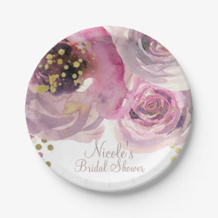 Rosa und Goldene moderne florale Aquarell-Brautpar Pappteller