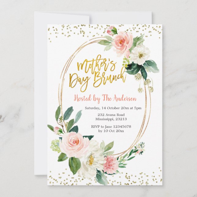 Rosa und goldene Muttertagsfeier Einladung (Vorderseite)