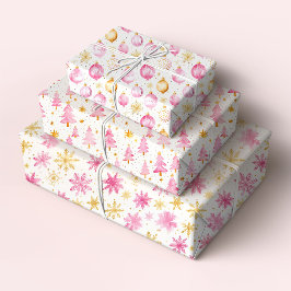 Rosa und goldene Ornamente, Bäume und Schneeflocke Geschenkpapier Set