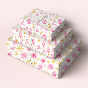 Rosa und goldene Ornamente, Bäume und Schneeflocke Geschenkpapier Set