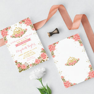 Rosa und goldene Prinzessin Crown Floral Baby Dusc Einladung