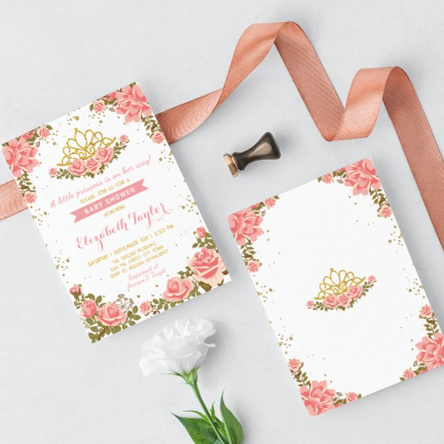 Rosa und goldene Prinzessin Crown Floral Baby Dusc Einladung (Von Creator hochgeladen)