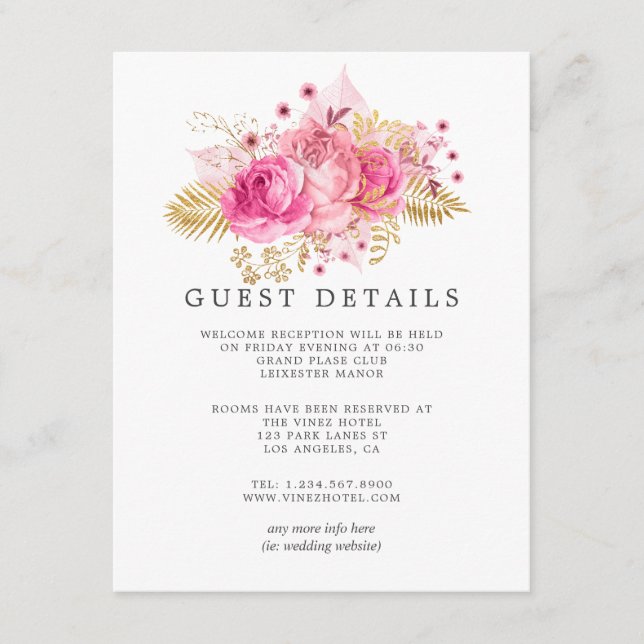 Rosa und goldene Rose Wasserfarben Hochzeitsgäste  Begleitkarte (Vorderseite)