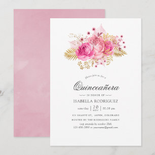 Rosa und goldene Rosen Aquarell Quinceañera Einladung